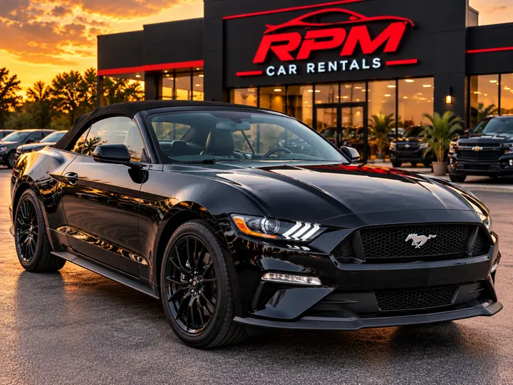 Black convertible with the top down on a palm-lined beach boulevard