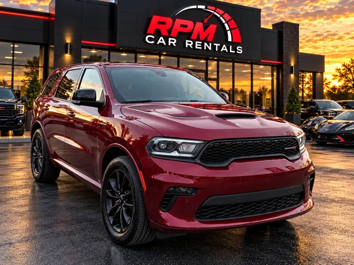 Red Dodge Durango 5.7L HEMI V8 SUV parked in front of RPM Car Rentals at sunset.