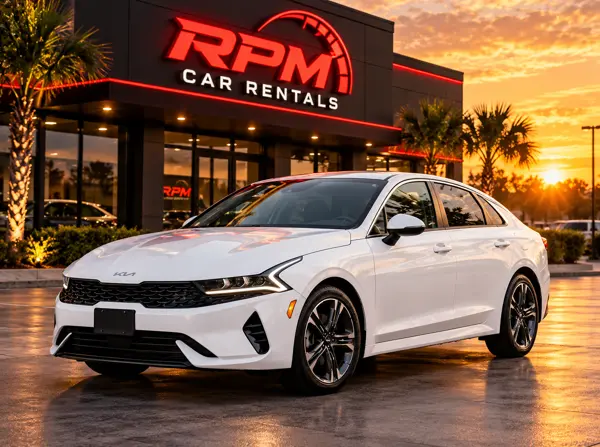 White 2026 Kia K5 sedan parked on a tree-lined city street
